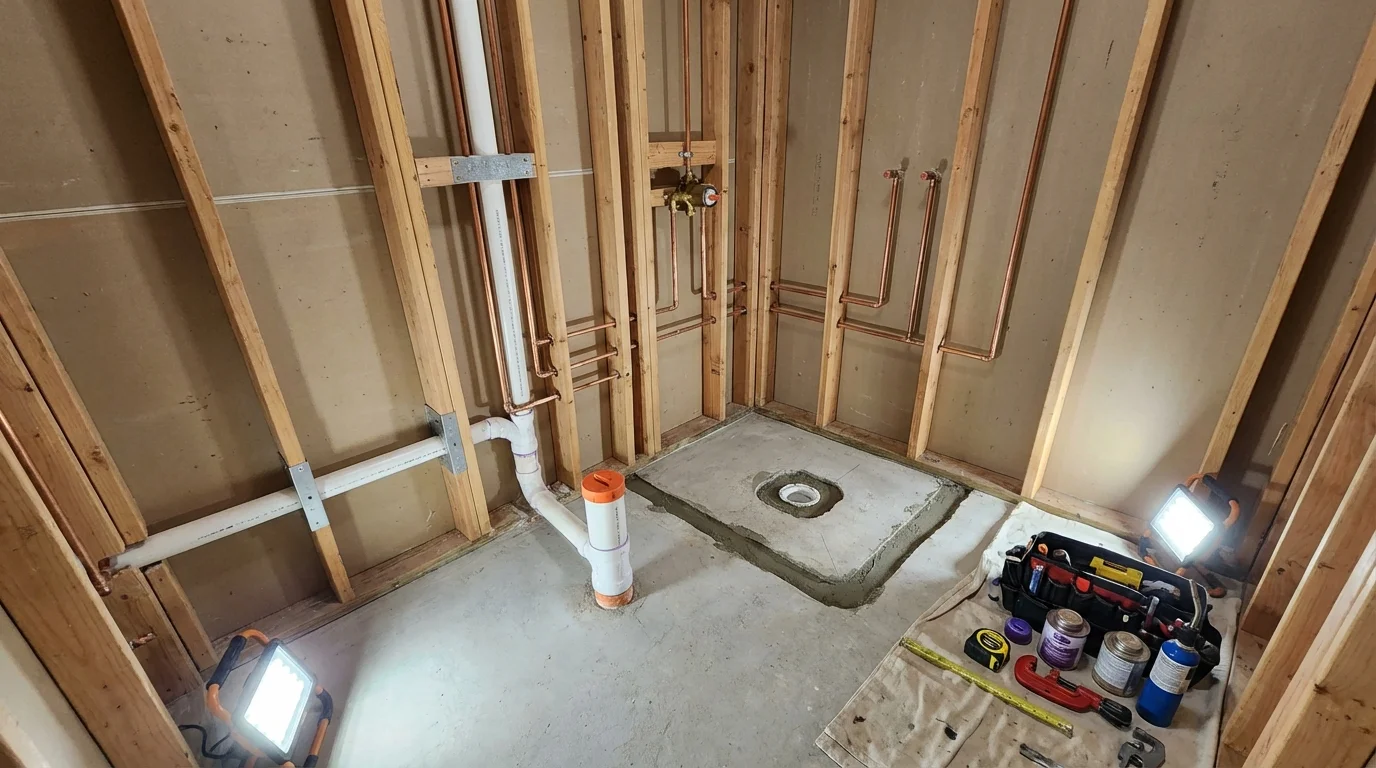 Bathroom rough-in plumbing during remodel by Johns Plumbing LLC in Centerville