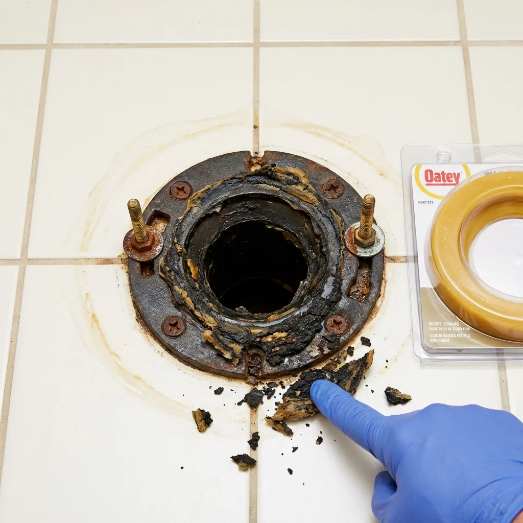 Failed wax ring showing water seepage at the base of a toilet in a Centerville, MA home