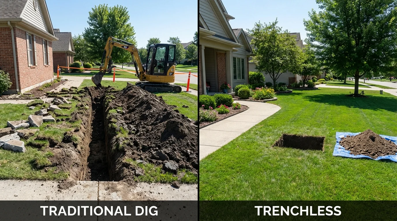 Trenchless sewer repair with minimal yard damage versus traditional excavation in Centerville, MA